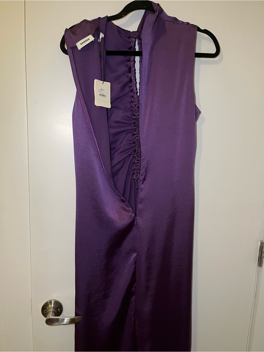 NWT Sandro Purple Satin Ruched Keyhole Midi Dress - Picture 3 of 3